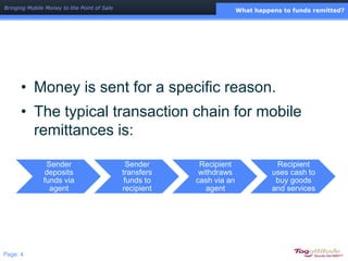 What happens to funds remitted?<br />Money is sent for a specific reason.<br />The typical transaction chain for mobile re...