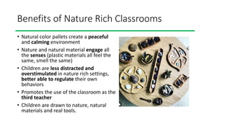 Benefits of Nature Rich Classrooms
• Natural color pallets create a peaceful
and calming environment
• Nature and natural material engage all
the senses (plastic materials all feel the
same, smell the same)
• Children are less distracted and
overstimulated in nature rich settings,
better able to regulate their own
behaviors
• Promotes the use of the classroom as the
third teacher
• Children are drawn to nature, natural
materials and real tools.
 
