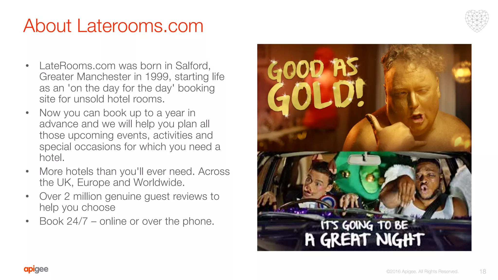 About Laterooms.com
18
©2016 Apigee. All Rights Reserved. 
•  LateRooms.com was born in Salford,
Greater Manchester in 1999, starting life
as an 'on the day for the day' booking
site for unsold hotel rooms.
•  Now you can book up to a year in
advance and we will help you plan all
those upcoming events, activities and
special occasions for which you need a
hotel.
•  More hotels than you'll ever need. Across
the UK, Europe and Worldwide.
•  Over 2 million genuine guest reviews to
help you choose
•  Book 24/7 – online or over the phone.
 