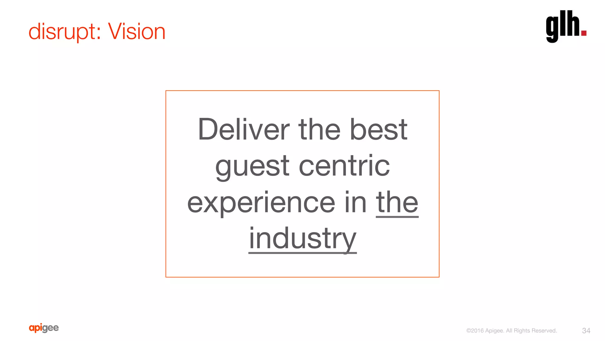 disrupt: Vision
34
Deliver the best
guest centric
experience in the
industry
©2016 Apigee. All Rights Reserved. 
 