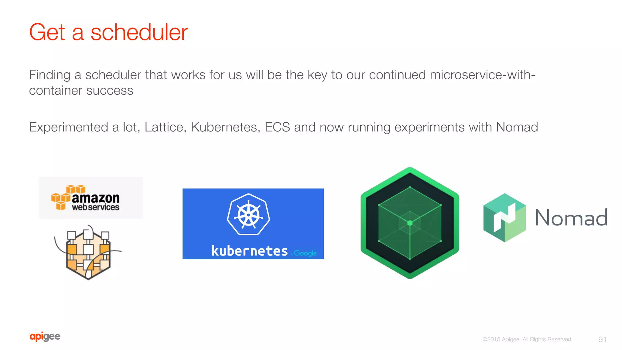 Get a scheduler
Finding a scheduler that works for us will be the key to our continued microservice-with-
container success

Experimented a lot, Lattice, Kubernetes, ECS and now running experiments with Nomad
91
©2015 Apigee. All Rights Reserved. 
 