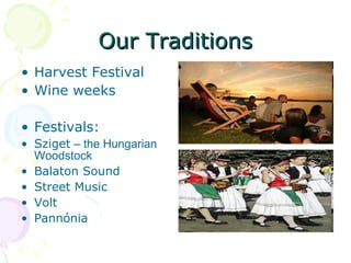 Our Traditions Harvest Festival Wine weeks Festivals: Sziget  – the Hungarian Woodstock Balaton Sound Street Music Volt Pannónia 