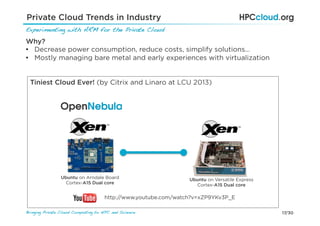 17/30Bringing Private Cloud Computing to HPC and Science !
Private Cloud Trends in Industry
Experimenting with ARM for the Private Cloud!
Why?
•  Decrease power consumption, reduce costs, simplify solutions…
•  Mostly managing bare metal and early experiences with virtualization
Tiniest Cloud Ever! (by Citrix and Linaro at LCU 2013)
Ubuntu on Versatile Express
Cortex-A15 Dual core
Ubuntu on Arndale Board
Cortex-A15 Dual core
http://www.youtube.com/watch?v=xZP9YKv3P_E
 
