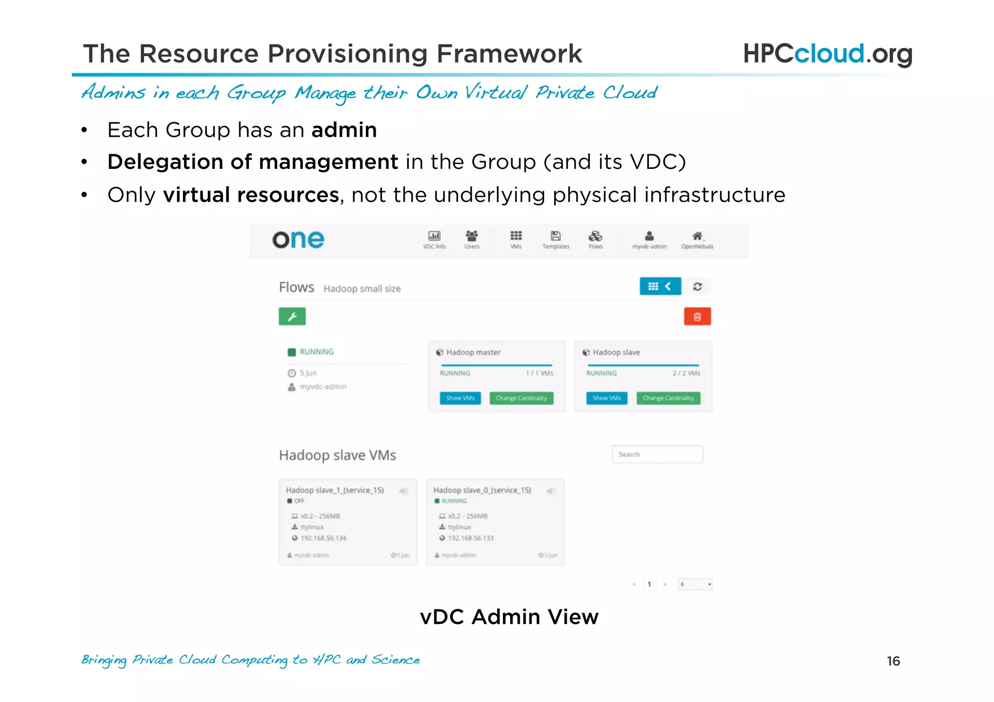 16Bringing Private Cloud Computing to HPC and Science !
The Resource Provisioning Framework
Admins in each Group Manage their Own Virtual Private Cloud !
!•  Each Group has an admin
•  Delegation of management in the Group (and its VDC)
•  Only virtual resources, not the underlying physical infrastructure
vDC Admin View
 