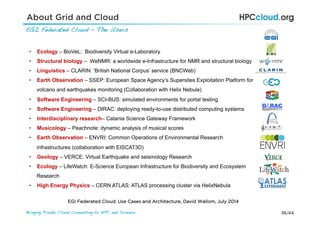 36/44Bringing Private Cloud Computing to HPC and Science !
About Grid and Cloud
EGI Federated Cloud – The Users!
•  Ecology – BioVeL: Biodiversity Virtual e-Laboratory
•  Structural biology – WeNMR: a worldwide e-Infrastructure for NMR and structural biology
•  Linguistics – CLARIN: ‘British National Corpus’ service (BNCWeb)
•  Earth Observation – SSEP: European Space Agency’s Supersites Exploitation Platform for
volcano and earthquakes monitoring (Collaboration with Helix Nebula)
•  Software Engineering – SCI-BUS: simulated environments for portal testing
•  Software Engineering – DIRAC: deploying ready-to-use distributed computing systems
•  Interdisciplinary research– Catania Science Gateway Framework
•  Musicology – Peachnote: dynamic analysis of musical scores
•  Earth Observation – ENVRI: Common Operations of Environmental Research
infrastructures (collaboration with EISCAT3D)
•  Geology – VERCE: Virtual Earthquake and seismology Research
•  Ecology – LifeWatch: E-Science European Infrastructure for Biodiversity and Ecosystem
Research
•  High Energy Physics – CERN ATLAS: ATLAS processing cluster via HelixNebula
EGI Federated Cloud: Use Cases and Architecture, David Wallom, July 2014
 