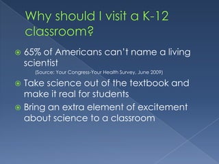 Why should I visit a K-12 classroom?65% of Americans can’t name a living scientist 		(Source: Your Congress-Your Health Survey, June 2009)Take science out of the textbook and make it real for studentsBring an extra element of excitement about science to a classroom