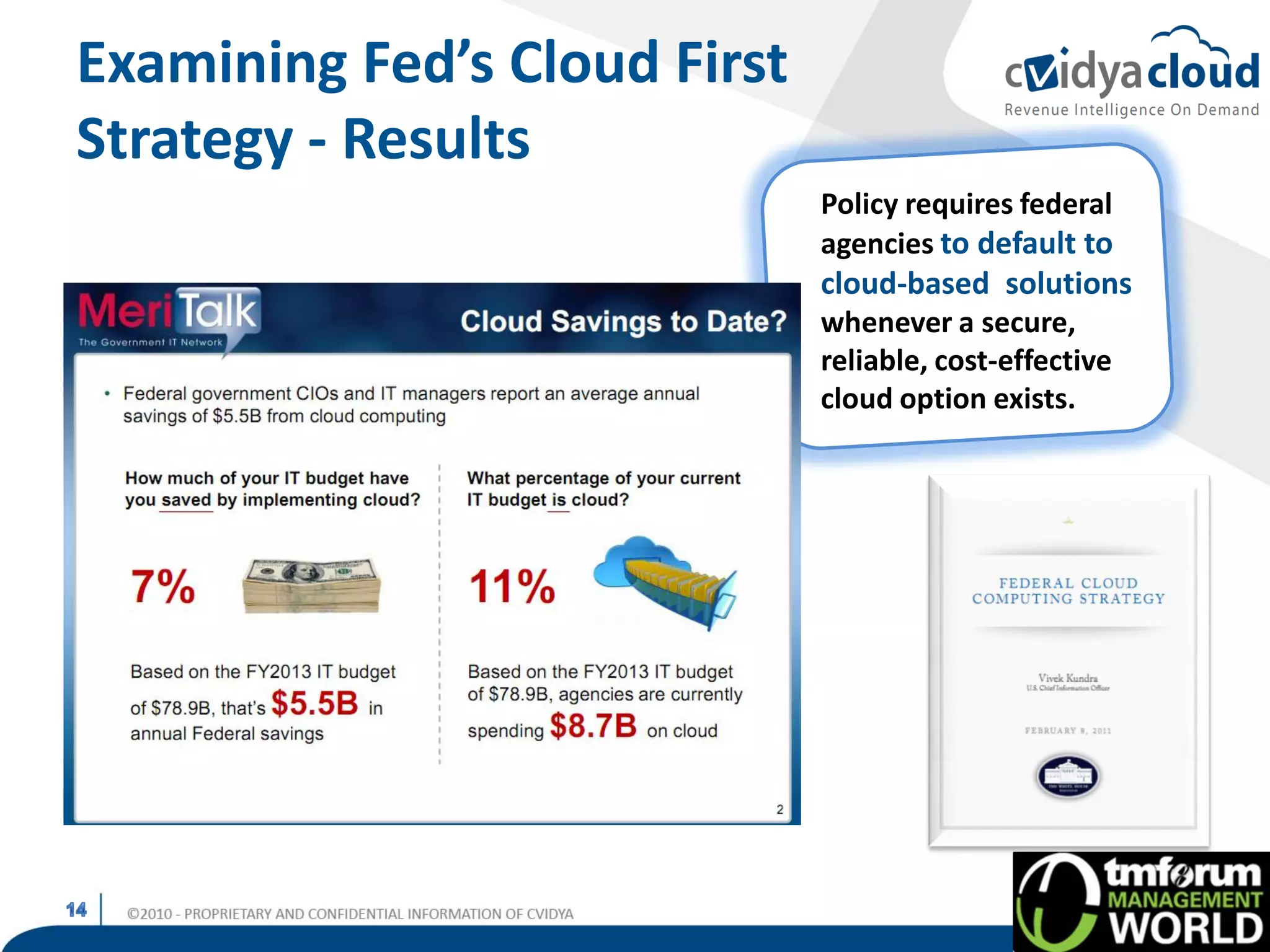 Examining Fed’s Cloud First
Strategy - Results
                              Policy requires federal
                              agencies to default to
                              cloud-based solutions
                              whenever a secure,
                              reliable, cost-effective
                              cloud option exists.
 