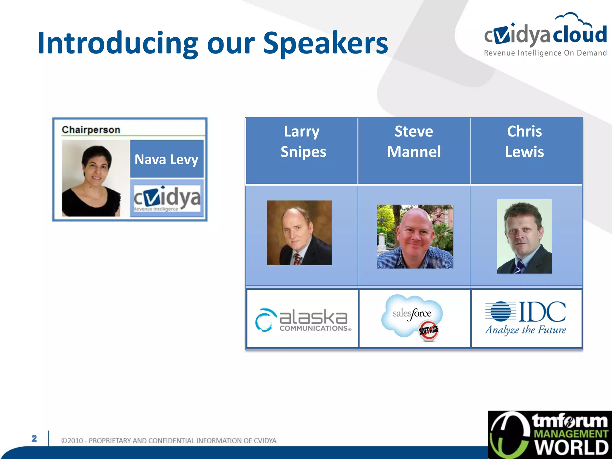 Introducing our Speakers

                  Larry     Steve   Chris
      Nava Levy   Snipes   Mannel   Lewis
 