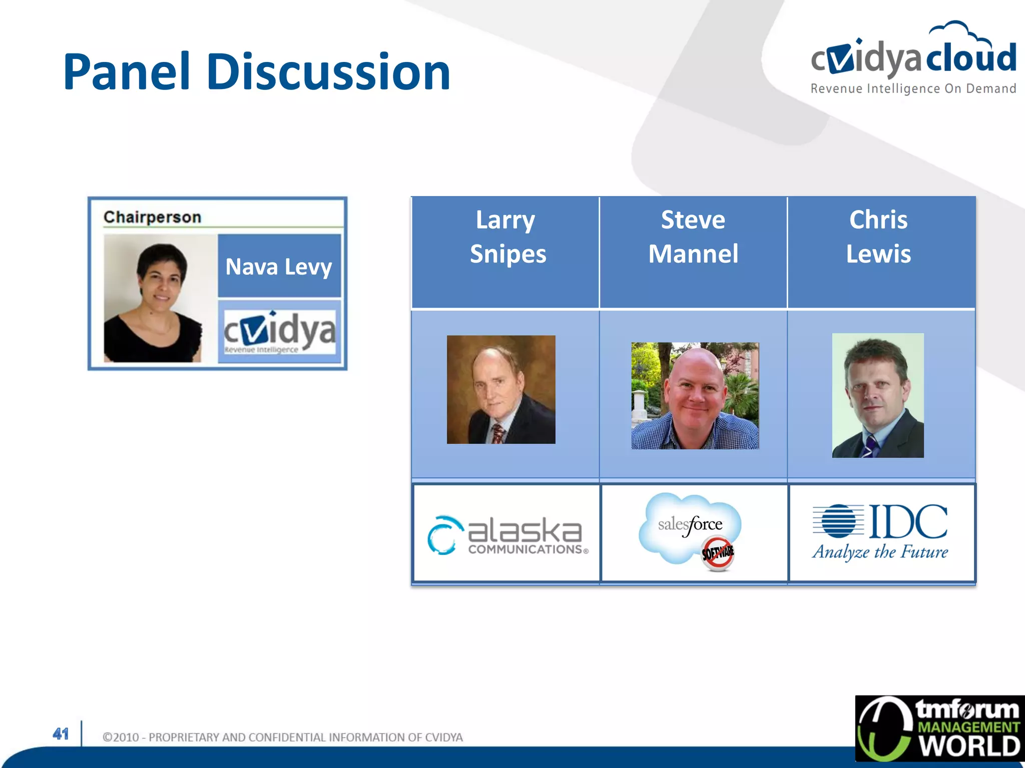 Panel Discussion

                   Larry     Steve   Chris
      Nava Levy    Snipes   Mannel   Lewis
 