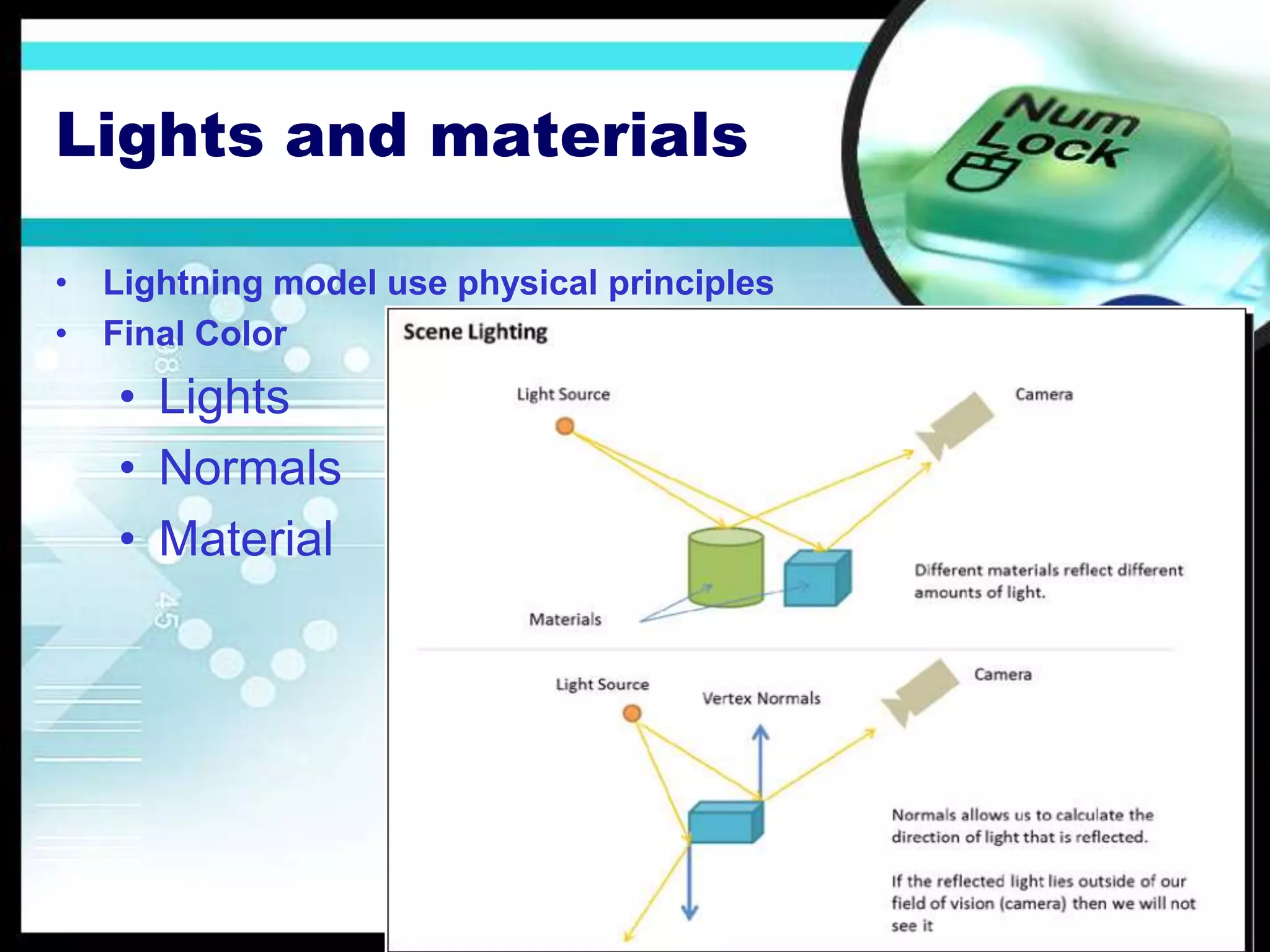 Lights and materials
• Lightning model use physical principles
• Final Color
• Lights
• Normals
• Material
 