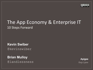  
The	
  App	
  Economy	
  &	
  Enterprise	
  IT	
  
10	
  Steps	
  Forward	
  



Kevin Swiber
@kevinswiber

Brian Mulloy                                    Apigee
@landlessness                                  @apigee
 