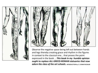 Observe the negative space being left out between hands 
and legs thereby creating grace and rhythm in the figures 
in context to the classical one… that proves the point 
expressed in the book … This book in my  humble opinion 
ought to replace ALL GRECO‐ROMAN statuaries that now 
adorn the class of the art schools. INTRODUCTION by  G. VENKATACHALM
 