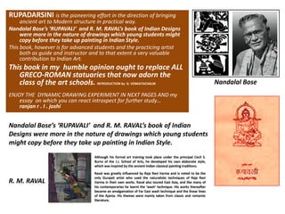 Nandalal Bose’s ‘RUPAVALI’  and R. M. RAVAL’s book of Indian 
Designs were more in the nature of drawings which young students 
might copy before they take up painting in Indian Style. 
R. M. RAVAL
RUPADARSINI is the pioneering effort in the direction of bringing 
ancient art to Modern structure in practical way. 
Nandalal Bose’s ‘RUPAVALI’  and R. M. RAVAL’s book of Indian Designs 
were more in the nature of drawings which young students might 
copy before they take up painting in Indian Style. 
This book, however is for advanced students and the practicing artist 
both as guide and instructor and to that extent a very valuable 
contribution to Indian Art. 
This book in my  humble opinion ought to replace ALL 
GRECO‐ROMAN statuaries that now adorn the 
class of the art schools. INTRODUCTION by  G. VENKATACHALM
ENJOY THE  DYNAMIC DRAWING EXPERIMENT IN NEXT PAGES AND my 
essay  on which you can react introspect for further study…        
ranjan r . I . joshi
Nandalal Bose
 