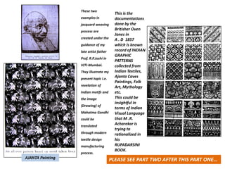 These two 
examples in 
jacquard weaving 
process are 
created under the 
guidance of my 
late artist father 
Prof. R.P.Joshi in 
VJTI‐Mumbai.
They illustrate my 
present topic i.e. 
revelation of 
Indian motifs and 
the image 
(Drawing) of 
Mahatma Gandhi 
could be 
translated 
through modern 
textile design   
manufacturing 
process.    
AJANTA Painting
This is the 
documentations 
done by the 
Britisher Oven 
Jones in                
A . D  1857 
which is known 
record of INDIAN 
GRAPHIC  
PATTERNS 
collected from 
Indian Textiles, 
Ajanta Caves 
Paintings, Folk 
Art, Mythology 
etc. 
This could be 
insightful in 
terms of Indian 
Visual Language 
that M .R. 
Acharekar is 
trying to 
rationalized in 
his 
RUPADARSINI 
BOOK.           
PLEASE SEE PART TWO AFTER THIS PART ONE…
 