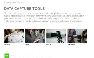 PLANNING PARTICIPATORY DESIGN

DATA CAPTURE TOOLS
Don’t let data from your research activities fall through the cracks. Utilizing data
capture tools is an essential part of remembering what was said, done, and made in
your sessions. It’s critical to run an intensive and thoughtful analysis process to
make sure the user’s needs, behaviors, and attitudes are addressed and accurate.

Artifacts

Notes

Photos

©2014 frog. all rights reserved. no public distribution or reproduction without permission.

Recordings

 