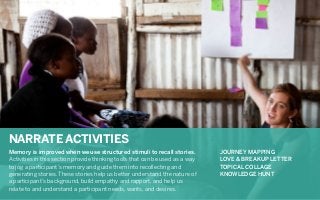 NARRATE ACTIVITIES
Memory is improved when we use structured stimuli to recall stories.
Activities in this section provide thinking tools that can be used as a way
to jog a participant’s memory and guide them into recollecting and
generating stories. These stories help us better understand the nature of
a participant’s background, build empathy and rapport, and help us
relate to and understand a participant needs, wants, and desires.

JOURNEY MAPPING
LOVE & BREAKUP LETTER
TOPICAL COLLAGE
KNOWLEDGE HUNT

 