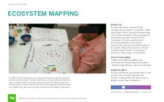 CREATE ACTIVITIES

ECOSYSTEM MAPPING
WHAT IT IS:
This activity aims to uncover the key
components of a speciﬁc “ecosystem” within
a participant’s life. It is great for determining
what makes things part of this grouping and
relationships amongst the parts of the
“ecosystem.” We have used this from
business applications (such as this
example), to mapping social relationships in
the activity “Rings of Connection” in frog’s
Collective Action Toolkit, to visualizing a
person’s “product world” in their home.
WHY IS IT VALUABLE:
• Helps us visualize intangible social
connections and communication priorities
• Doesn’t require literacy, easy to understand

EXAMPLE: When designing a new consumer-facing web portal for small and
medium size businesses, it was important for us to know and understand the
types of relationships that people valued and how those relationships were
fulﬁlled by their communication needs. We did this mapping exercise to clarify
how relationships and communication methods worked together in business.

WHEN TO USE IT:
This can be done as a great icebreaker or ﬁrst
activity. Then, consider following with
another Create activity that allows them to
design for what they created here.

GENERATION

©2014 frog. all rights reserved. no public distribution or reproduction without permission.

EVALUATION

 