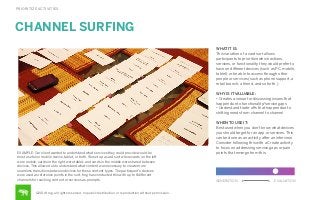 PRIORITIZE ACTIVITIES

CHANNEL SURFING
WHAT IT IS:
This variation of a card sort allows
participants to prioritize which actions,
services, or functionality they would prefer to
have on diﬀerent devices (such as PC, mobile,
tablet) or be able to access through other
people or services (such as phone support, a
retail branch, a friend, and so forth.)
WHY IS IT VALUABLE:
• Creates a venue for discussing issues that
happen due to functionality/service gaps
• Understand trade-oﬀs that happen due to
shifting needs from channel to channel

EXAMPLE: Our client wanted to understand what services they could provide would be
most useful on mobile device, tablet, or both. We set up a card sort where cards on the left
were mobile, cards on the right were tablet, and cards in the middle were shared between
devices. This allowed us to understand what content was necessary to create more
seamless transitions between devices for those content types. The participant’s devices
were used as reference points in the sort. frog has conducted this with up to 8 diﬀerent
channels for reaching content or services as prompts.

©2014 frog. all rights reserved. no public distribution or reproduction without permission.

WHEN TO USE IT:
Best used when you don’t know what devices
you should target for an app or services. This
can be done as an activity after an interview.
Consider following this with a Create activity
to focus on addressing service gaps or pain
points that emerge from this.

GENERATION

EVALUATION

 