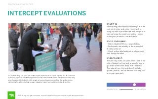 CONTEXTUALIZE ACTIVITIES

INTERCEPT EVALUATIONS
WHAT IT IS:
Intercepting participants when they are in the
context of when and where they may be
using a product provides valuable insight into
how participants would complete a task or
utilize your product or service ideas.
WHY IS IT VALUABLE:
• Helps establish ﬁt for a range of ideas
• Participants are already in the mindset of
the task at hand
• Quick, actionable feedback to inform your
next design iteration
WHEN TO USE IT:
This activity works very well when there is not
a lot of budget or time and you are hoping to
go ‘wide’ rather than ‘deep’ with feedback.
The output from this activity will include
quotes, photos, and stories that can help you
tune your approach.
EXAMPLE: frog set up a ‘lemonade stand’ in the heart of Union Square in San Francisco
to try out a new product that provided users with context-aware information while they
are shopping. We tested it with people who are already completing the task we were
designing for, which helped us gain valuable insight we could immediately act on.

GENERATION

©2014 frog. all rights reserved. no public distribution or reproduction without permission.

EVALUATION

 