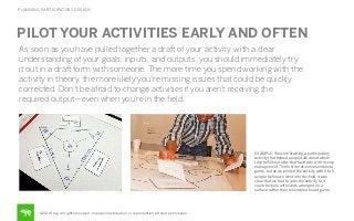 PLANNING PARTICIPATORY DESIGN

PILOT YOUR ACTIVITIES EARLY AND OFTEN
As soon as you have pulled together a draft of your activity, with a clear
understanding of your goals, inputs, and outputs, you should immediately try
it out in a draft form with someone. The more time you spend working with the
activity in theory, the more likely you’re missing issues that could be quickly
corrected. Don’t be afraid to change activities if you aren’t receiving the
required output—even when you’re in the ﬁeld.

EXAMPLE: We were creating a participatory
activity that helped people talk about where
they fulﬁll key tasks that had to do with money
management. The ﬁrst iterations resembled a
game, but as we piloted the activity with 4 to 5
people before we went into the ﬁeld, it was
clear that we had to redo the activity so it
could be done with cards arranged on a
surface rather than resemble a board game.

©2014 frog. all rights reserved. no public distribution or reproduction without permission.

 