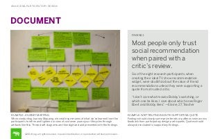 ANALYZING PARTICIPATORY DESIGN

DOCUMENT
FINDING 1

Most people only trust
social recommendation
when paired with a
critic’s review.
Six of the eight research participants, when
creating their ideal TV show recommendation
widget, were doubtful about the value of friend
recommendations unless they were supporting a
quote from a trusted critic.
“I don’t care what movies Bobby’s watching, or
which one he likes. I care about which ones Roger
Ebert and Bobby likes.” —Elaine, 27, Teacher
EXAMPLE: JOURNEY MAPPING
When conducting Journey Mapping, we create summaries of what we’ve learned from the
participants to reﬁne and tighten our view of customer journeys or lifecycles through
artifacts like this. These draft diagrams are then digitized and presented with the ﬁndings.

©2014 frog. all rights reserved. no public distribution or reproduction without permission.

EXAMPLE: WRITTEN FINDING WITH SUPPORTING QUOTE
Findings should clearly summarize trends or patterns seen across
feedback from participatory design participants. Quotes should
always be included to support key ﬁndings.

 