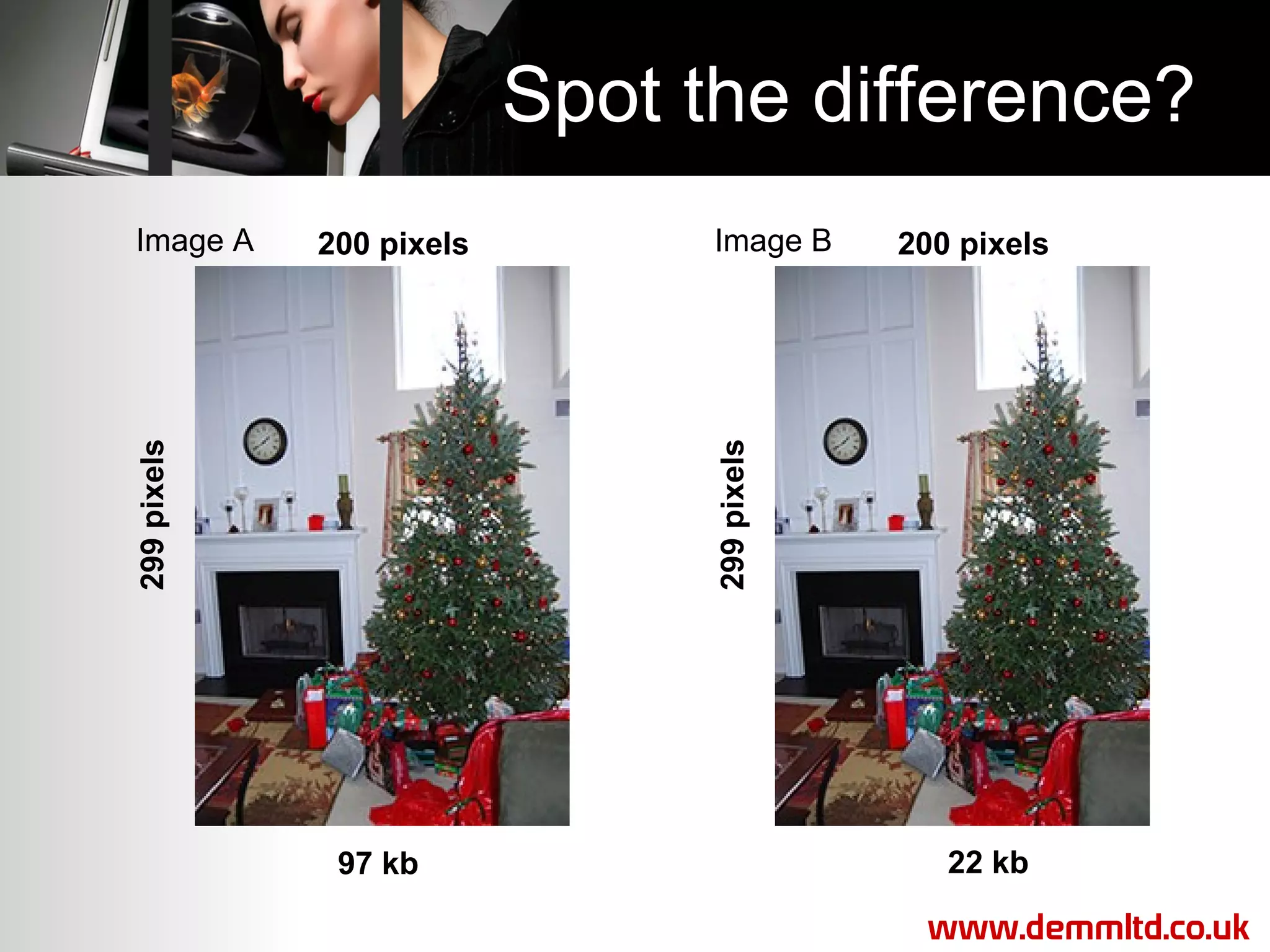 Spot the difference?
Image B

200 pixels

299 pixels

200 pixels

299 pixels

Image A

97 kb

22 kb
www.demmltd.co.uk

 
