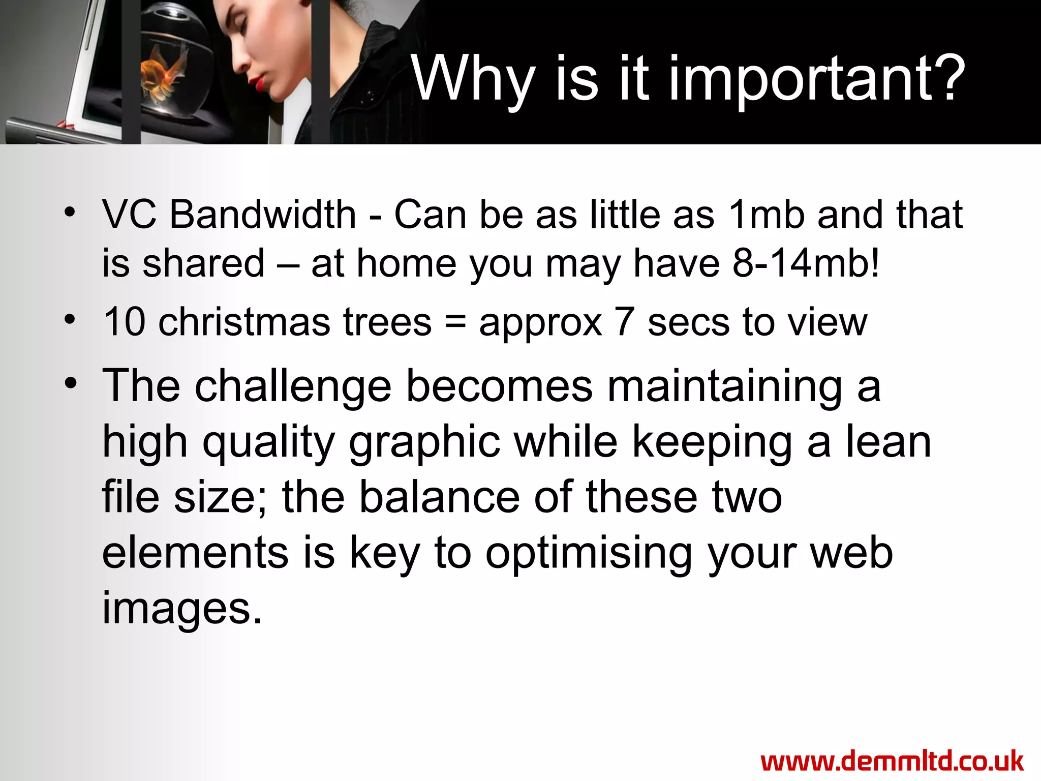 Why is it important?
• VC Bandwidth - Can be as little as 1mb and that
is shared – at home you may have 8-14mb!
• 10 christmas trees = approx 7 secs to view

• The challenge becomes maintaining a
high quality graphic while keeping a lean
file size; the balance of these two
elements is key to optimising your web
images.
www.demmltd.co.uk

 
