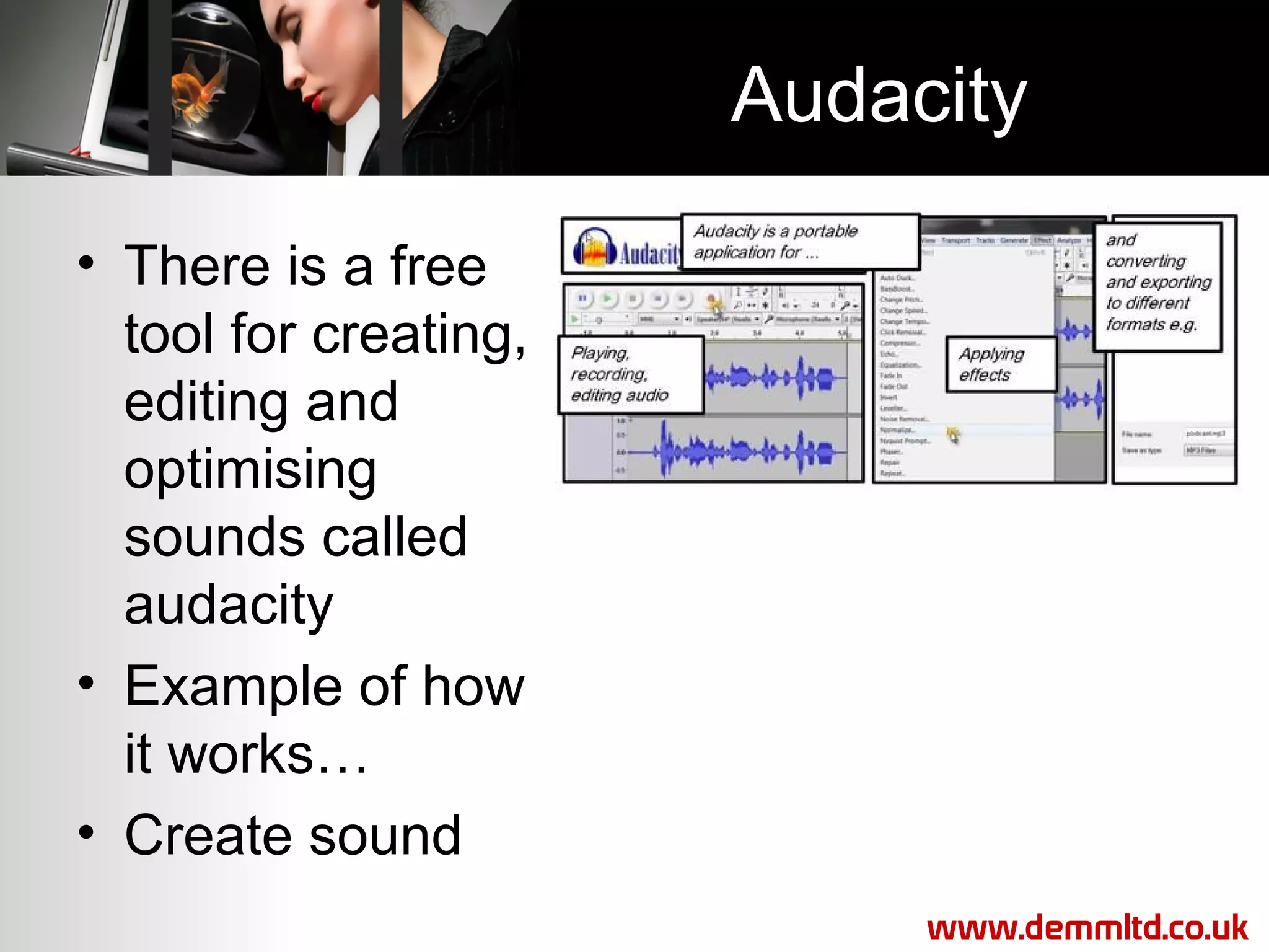 Audacity
• There is a free
tool for creating,
editing and
optimising
sounds called
audacity
• Example of how
it works…
• Create sound
www.demmltd.co.uk

 