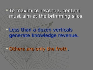 To maximize revenue, content must aim at the brimming silos Less than a dozen verticals generate knowledge revenue.   Others are only the froth . 