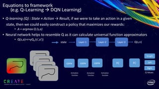 SIGGRAPH 2019 | LOS ANGLES | 28 JULY - 1 AUGUST
• Q-learning (Q) : State × Action → Result, if we were to take an action in a given
state, then we could easily construct a policy that maximizes our rewards:
• A = argmax Q (s,a)
• Neural network helps to resemble Q as it can calculate universal function approximators
• Q(s,a)=r+γQa’(sʹ,aʹ))
Equations to framework
(e.g. Q-Learning à DQN Learning)
Layer-1 Layer-3Layer-2state Q(s,n)
conv conv conv FC FC
Q Values
Straight
Left
Right
Activation
function
Activation
function
Activation
function
 