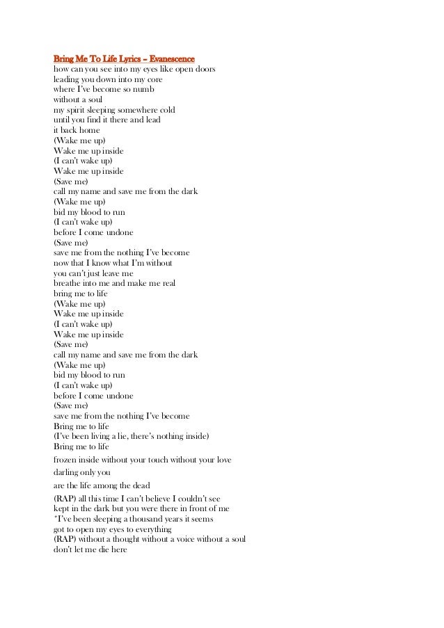 Bring me to life lyrics