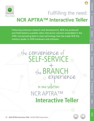 Customer
Play Video
                         Fullfilling the need:




                                                                                 Experience
               NCR APTRA™ Interactive Teller
        Following extensive research and development, NCR has produced




                                                                                 Impact
        and field-tested a scalable video interaction solution embedded in the
        ATM, incorporating best-in-class technology that has made NCR the
        industry leader in ATM hardware and software.




                                                                                 Strategic
                    the convenience of
                        SELF-SERVICE
                                             +
                                                                                 Migration
                                       the BRANCH
                                                           experience
                                                                                 Expansion
                                          in one solution:                       Productivity

                                 NCR APTRA™
                                  Interactive Teller
                                                                                 Sales
                                                                                 NCR




20   NCR APTRA Interactive Teller © 2012 NCR Corporation
 