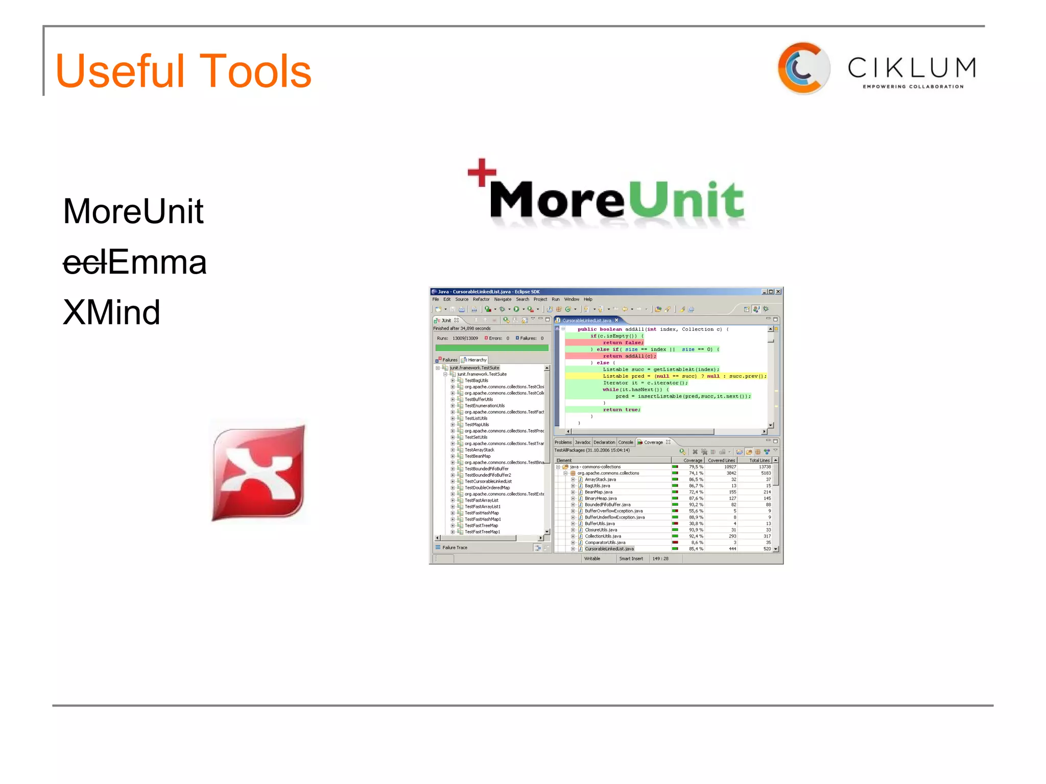 Useful Libraries - guava-libraries Example 2: Other useful things Preconditions .checkState(state ==  State .PLAYABLE,  "Can't play movie; state is %s" , state); //will throw ISE with message … this.rating  = Preconditio ns.checkNotNull(rating); //will throw  NPE … //CharMatcher matcher = CharMatcher.is('x'); //CharMatcher matcher = CharMatcher.isNot('_'); //CharMatcher matcher = CharMatcher.oneOf("aeiou").negate(); CharMatcher  matcher =  CharMatcher .inRange('a', 'z').or(inRange('A', 'Z')); matcher.matchesAllOf(“some string”); matcher.matchesAnyOf(“other string”);  … String s = Joiner.on(", ").join(episodesOnDisc); … StringBuilder  sb = ...; Joiner .on("|").skipNulls().appendTo(sb, episodesOnDisc); 