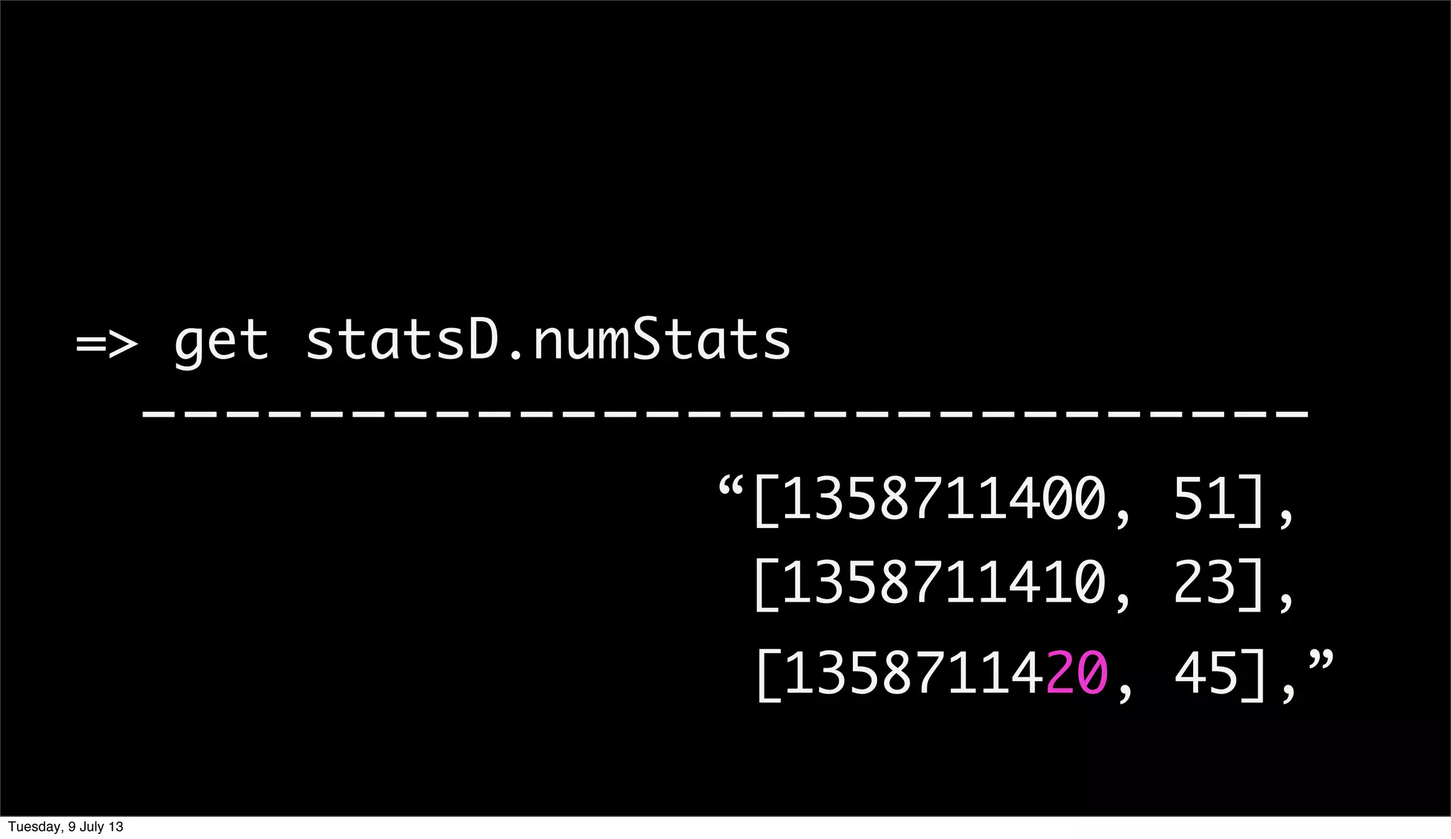 “[1358711400, 51],
=> get statsD.numStats
----------------------------
[1358711410, 23],
[1358711420, 45],”
Tuesday, 9 July 13
 