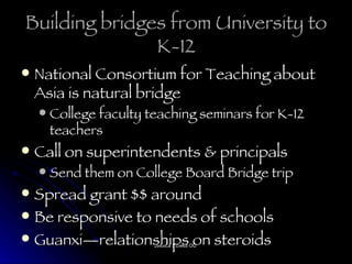 Building bridges from University to K-12 National Consortium for Teaching about Asia is natural bridge College faculty teaching seminars for K-12 teachers Call on superintendents & principals Send them on College Board Bridge trip Spread grant $$ around Be responsive to needs of schools Guanxi—relationships on steroids 
