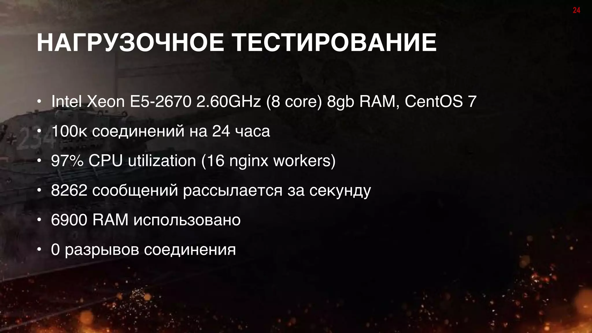 24
НАГРУЗОЧНОЕ ТЕСТИРОВАНИЕ
• Intel Xeon E5-2670 2.60GHz (8 core) 8gb RAM, CentOS 7
• 100к соединений на 24 часа
• 97% CPU utilization (16 nginx workers)
• 8262 сообщений рассылается за секунду
• 6900 RAM использовано
• 0 разрывов соединения
 
