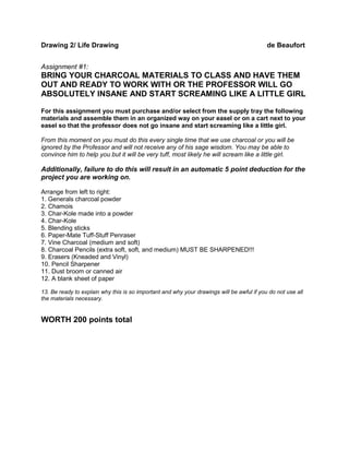 Drawing 2/ Life Drawing                                                                    de Beaufort


Assignment #1:
BRING YOUR CHARCOAL MATERIALS TO CLASS AND HAVE THEM
OUT AND READY TO WORK WITH OR THE PROFESSOR WILL GO
ABSOLUTELY INSANE AND START SCREAMING LIKE A LITTLE GIRL

For this assignment you must purchase and/or select from the supply tray the following
materials and assemble them in an organized way on your easel or on a cart next to your
easel so that the professor does not go insane and start screaming like a little girl.

From this moment on you must do this every single time that we use charcoal or you will be
ignored by the Professor and will not receive any of his sage wisdom. You may be able to
convince him to help you but it will be very tuff, most likely he will scream like a little girl.

Additionally, failure to do this will result in an automatic 5 point deduction for the
project you are working on.

Arrange from left to right:
1. Generals charcoal powder
2. Chamois
3. Char-Kole made into a powder
4. Char-Kole
5. Blending sticks
6. Paper-Mate Tuff-Stuff Penraser
7. Vine Charcoal (medium and soft)
8. Charcoal Pencils (extra soft, soft, and medium) MUST BE SHARPENED!!!
9. Erasers (Kneaded and Vinyl)
10. Pencil Sharpener
11. Dust broom or canned air
12. A blank sheet of paper

13. Be ready to explain why this is so important and why your drawings will be awful if you do not use all
the materials necessary.


WORTH 200 points total
 