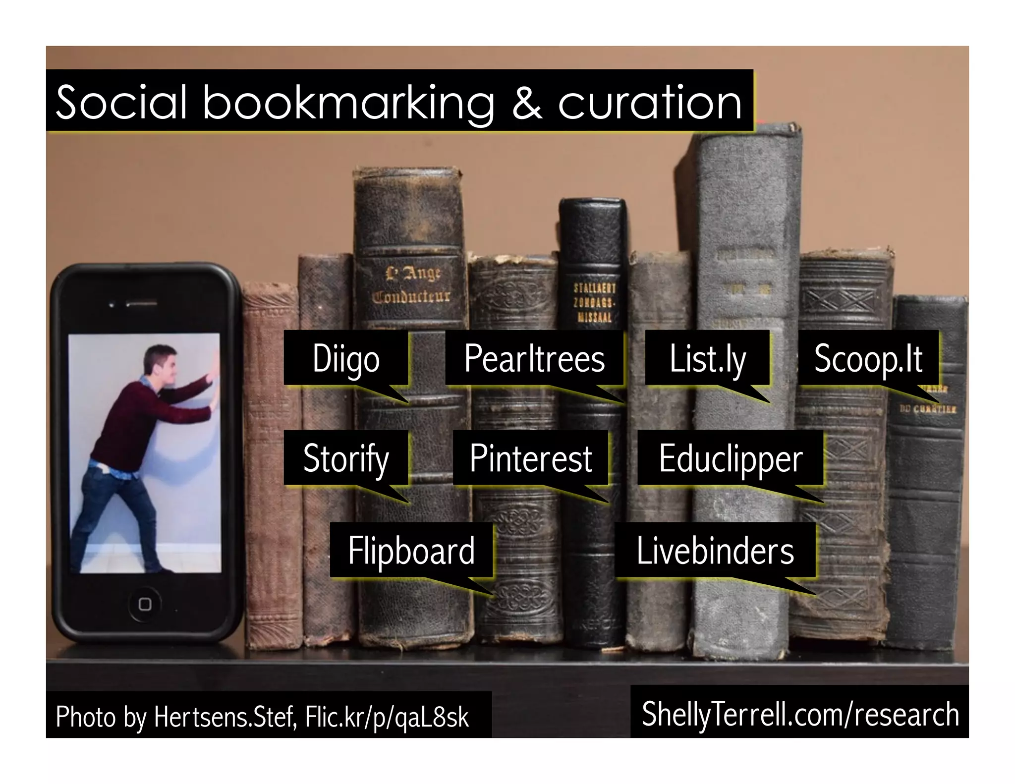 Photo by Hertsens.Stef, Flic.kr/p/qaL8sk
Social bookmarking & curation
Diigo
Storify
Pearltrees Scoop.It
Flipboard
Pinterest
Livebinders
Educlipper
ShellyTerrell.com/research
 