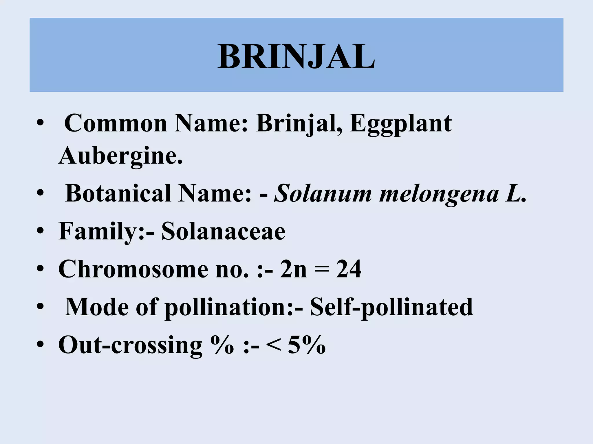 BRINJAL
• Common Name: Brinjal, Eggplant
Aubergine.
• Botanical Name: - Solanum melongena L.
• Family:- Solanaceae
• Chromosome no. :- 2n = 24
• Mode of pollination:- Self-pollinated
• Out-crossing % :- < 5%
 