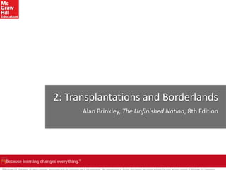 ©McGraw-Hill Education. All rights reserved. Authorized only for instructor use in the classroom. No reproduction or further distribution permitted without the prior written consent of McGraw-Hill Education.
2: Transplantations and Borderlands
Alan Brinkley, The Unfinished Nation, 8th Edition
 