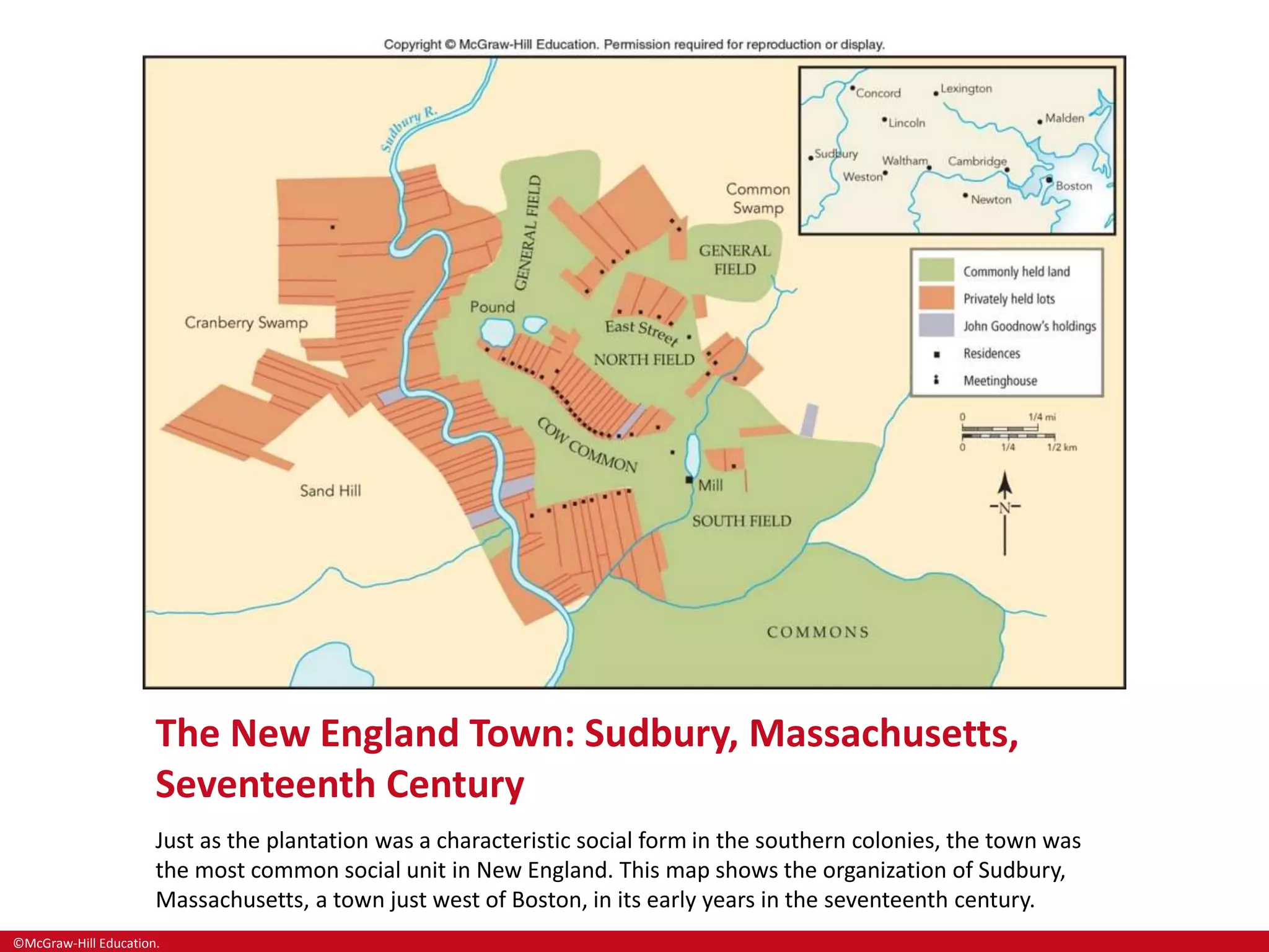 ©McGraw-Hill Education.
The New England Town: Sudbury, Massachusetts,
Seventeenth Century
Just as the plantation was a characteristic social form in the southern colonies, the town was
the most common social unit in New England. This map shows the organization of Sudbury,
Massachusetts, a town just west of Boston, in its early years in the seventeenth century.
 