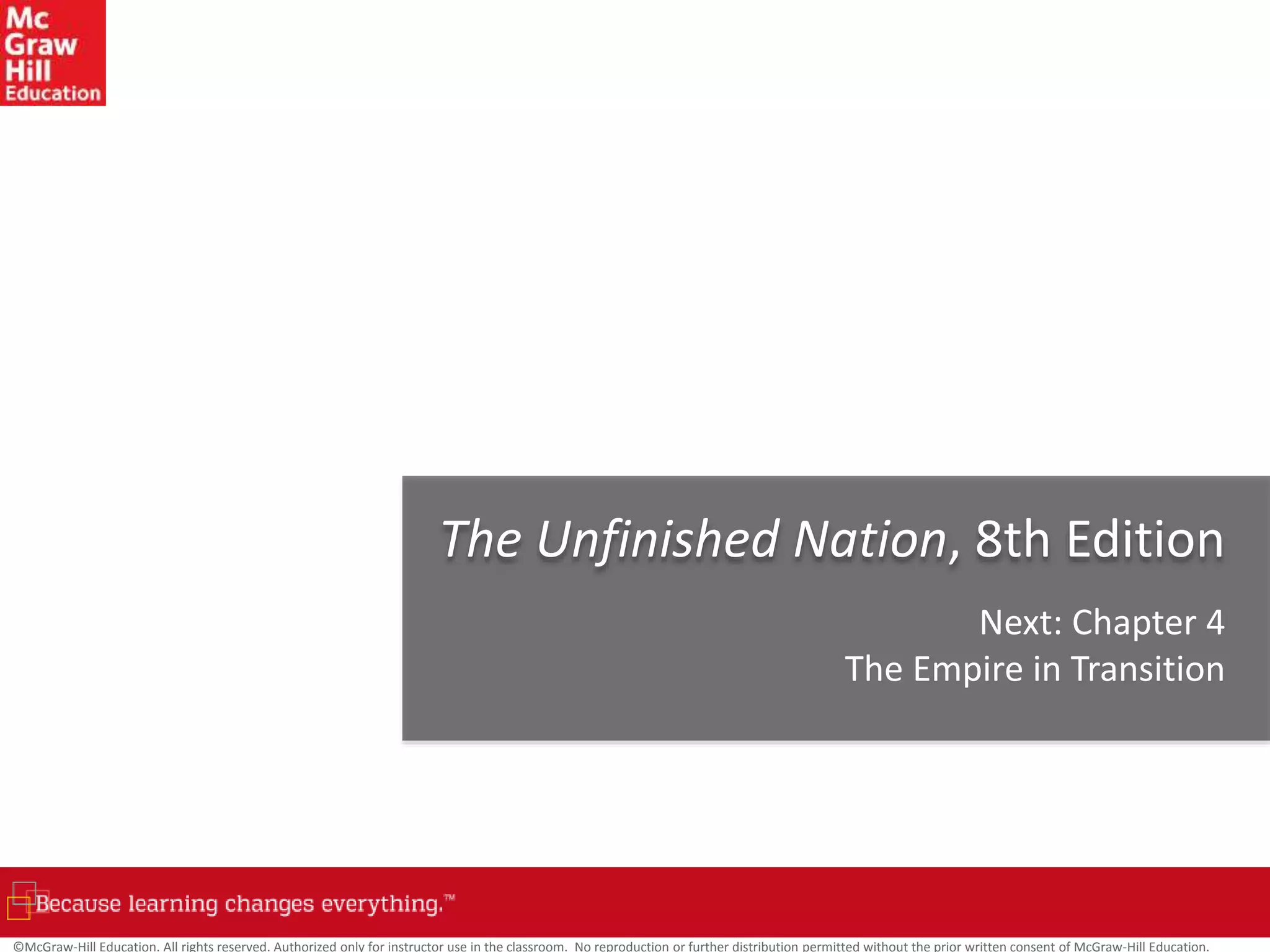 ©McGraw-Hill Education. All rights reserved. Authorized only for instructor use in the classroom. No reproduction or further distribution permitted without the prior written consent of McGraw-Hill Education.
The Unfinished Nation, 8th Edition
Next: Chapter 4
The Empire in Transition
 