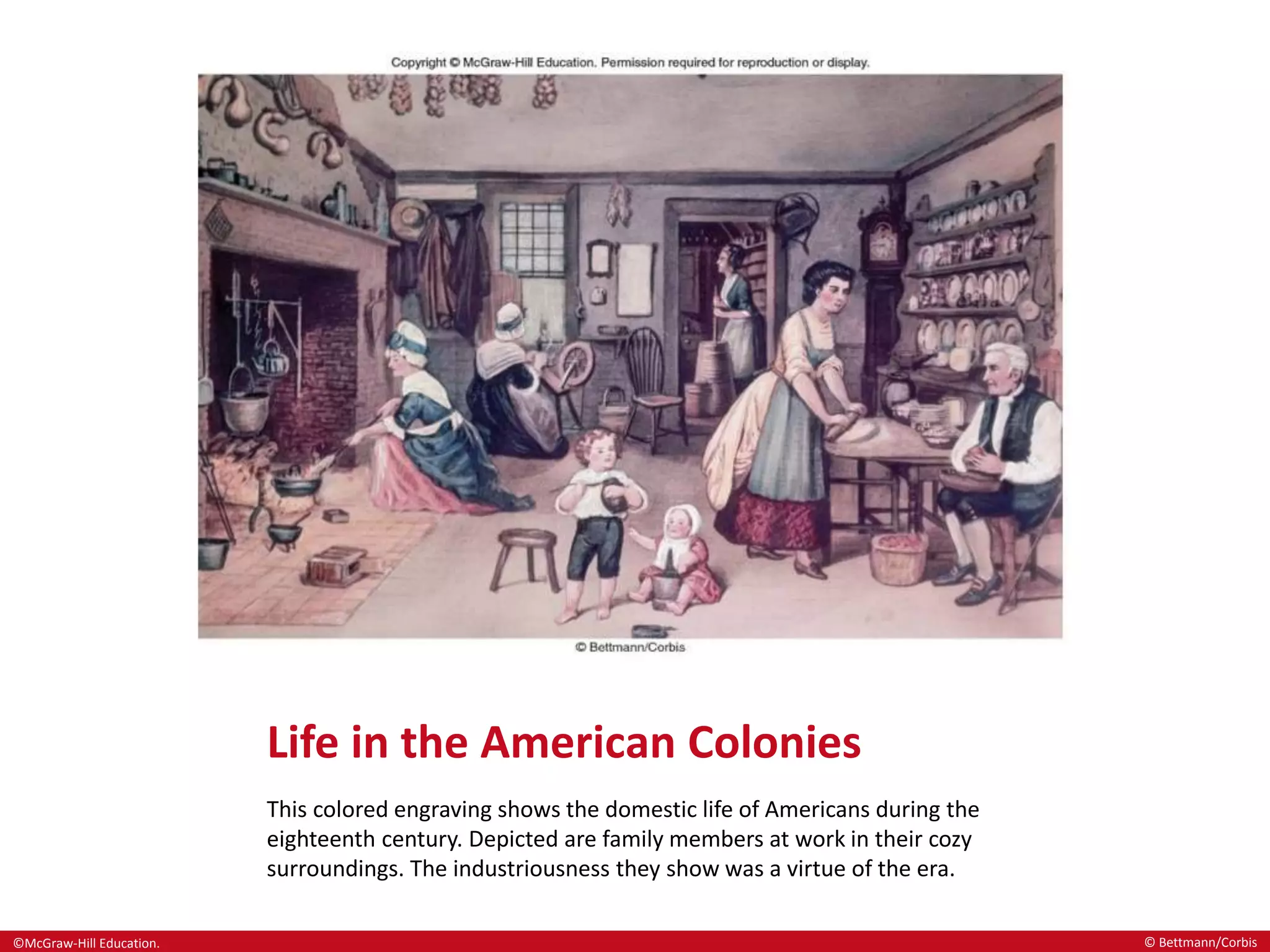 ©McGraw-Hill Education.
Life in the American Colonies
This colored engraving shows the domestic life of Americans during the
eighteenth century. Depicted are family members at work in their cozy
surroundings. The industriousness they show was a virtue of the era.
© Bettmann/Corbis
 