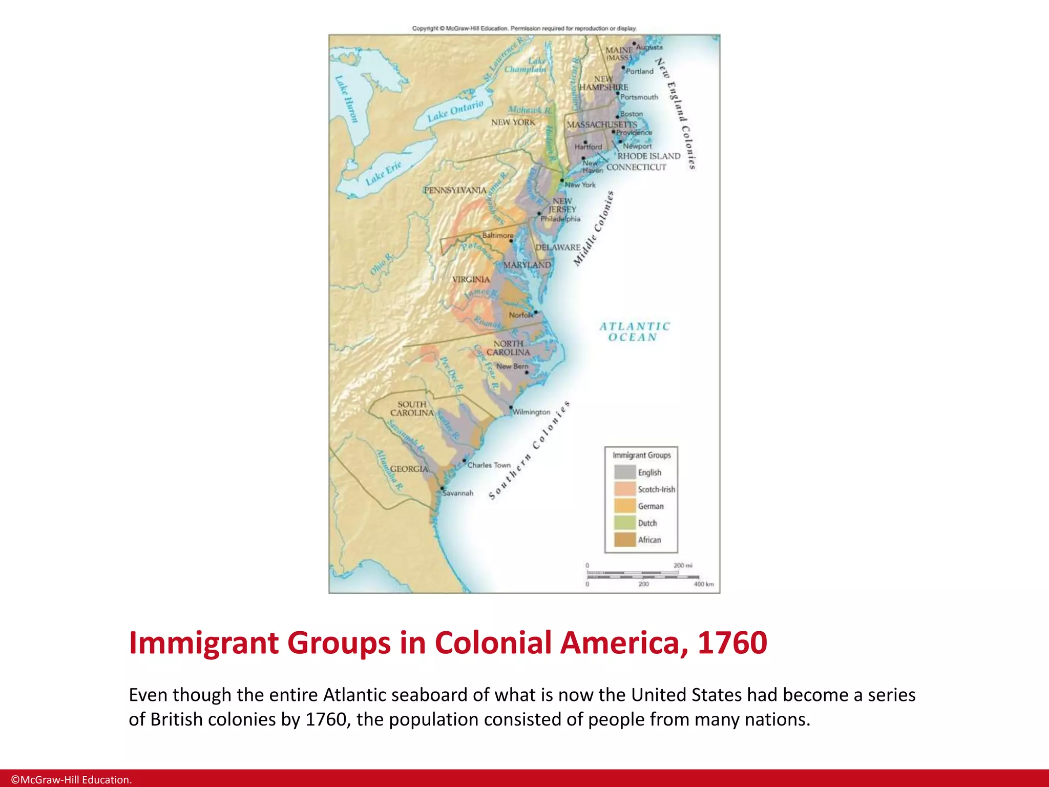 ©McGraw-Hill Education.
Immigrant Groups in Colonial America, 1760
Even though the entire Atlantic seaboard of what is now the United States had become a series
of British colonies by 1760, the population consisted of people from many nations.
 