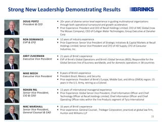  20+ years of diverse senior level experience in guiding multinational organizations
through both operational turnaround and growth acceleration
 Prior Experience: President and CEO of Recall Holdings Limited; CEO of IMC Global (now
The Mosaic Company); CEO of Culligan Water Technologies; Group Executive at Danaher
Corp
 12 years of industry experience
 Prior Experience: Senior Vice President of Strategic Initiatives & Capital Markets at Recall
Holdings Limited; Senior Vice President and CFO of HD Supply; CFO of Caraustar
Industries, Inc.
 21 years of Brink’s experience
 EVP of Brink’s Global Operations and Brink’s Global Services (BGS); Responsible for the
Global Services line of business worldwide, and for domestic operations in 38 countries
 8 years of Brink’s experience
 President Brazil, Mexico, and Security
 Prior experience: President of Brink’s Europe, Middle East, and Africa (EMEA) region; 25
years in the U.S. Army, retiring as a Colonel.
 13 years of international managerial experience
 Prior Experience: Global Senior Vice President, Chief Information Officer and Chief
Technology Officer at Recall Holdings Limited; Chief Information Officer and Chief
Operating Officer roles within the Fire Products segment of Tyco International
,  16 years of Brink’s experience
 Prior experience: General Counsel , Tredegar Corporation; practiced at global law firm,
Hunton and Williams LLP
Strong New Leadership Demonstrating Results
DOUG PERTZ
President & CEO
MIKE BEECH
Executive Vice President
AMIT ZUKERMAN
Executive Vice President
ROHAN PAL
Senior Vice President,
CIO & CDO
RON DOMANICO
EVP & CFO
MAC MARSHALL
Senior Vice President,
General Counsel & CAO
28
 