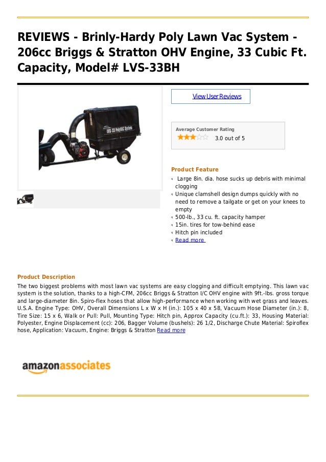 Brinly hardy poly lawn vac system 206cc briggs & stratton ohv engine