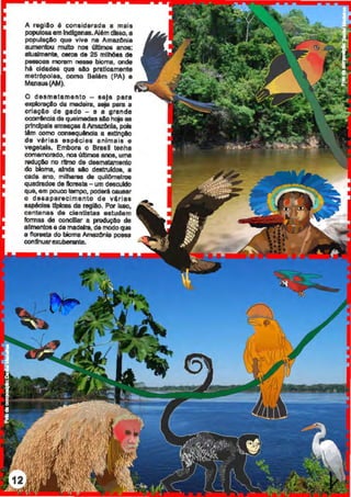 A regilo é c:onsiderade a mais
populosaem lndlgenas.Al6m disso,a
pcpulaçlo que viva na Amaz~nia
aurnentuu multo nos QIUrnos anos:
lltUIImente, cerca de 25 mllhl!u de
peeeoas moram neaae bioma, onde
há cidades que &to praticamente
metr6polea, ccmo Belém (PA) a
Manaus(AM).
O desmatamento - aa)a para
exploraçto da madeira, 8eje pera a
crlaçao de gado - e a grande
OCOirlo'lcia da queimadas alo haja as
prtndpals ameaças à ~la. pola
I.Am como conaequAncfa a aldlnçlo
de vérias espécies animais e
vegetais. Embora o Brasil tenha
comemorado, noa últimos anoa, uma
raduçlo no ritmo de deemaiBmento
do bloma, ainda alo destruidos, a
c:ade ano, milharaa de quiiOmelrw
quadrados de floresta - um deeculdo
qu11, em pouco tampo, podlri causar
o desaparecimento de v6riaa
eap6clee tfplces da regllo. Por Isso,
centenas da cientistas estudam
formas de conciliar a produçao de
alimentosa damadeira, damodoqua
a floresta do bioma Amsz6nia possa
continuarexuberante.
 