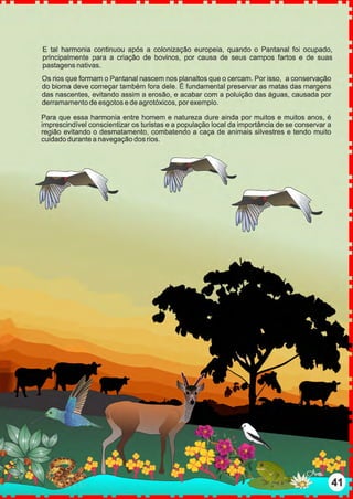 E tal harmonia continuou após a colonização europeia, quando o Pantanal foi ocupado,
principalmente para a criação de bovinos, por causa de seus campos fartos e de suas
pastagens nativas.
Os rios que formam o Pantanal nascem nos planaltos que o cercam. Por isso, a conservação
do bioma deve começar também fora dele. É fundamental preservar as matas das margens
das nascentes, evitando assim a erosão, e acabar com a poluição das águas, causada por
derramamento de esgotos e de agrotóxicos, por exemplo.
Para que essa harmonia entre homem e natureza dure ainda por muitos e muitos anos, é
imprescindível conscientizar os turistas e a população local da importância de se conservar a
região evitando o desmatamento, combatendo a caça de animais silvestres e tendo muito
cuidado durante a navegação dos rios.
 