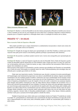 Oitavo momento: Músicas e roda

  Estratégia 01: Realizar a roda de Maculelê ao som das músicas pesquisadas utilizando os bastões para marcar
  o ritmo e também um som com cd, caso ninguém da turma saiba tocar o atabaque. Seguindo a mesma dinâmica
  proposta para a Capoeira sugerimos a realização desta roda e a avaliação da mesma com os alunos.


  PROJETO “C” – 24 AULAS
  Nono momento: Roda de Capoeira e Maculelê

      Este projeto permitirá que os alunos demonstrem os conhecimentos incorporados e atuem como atores de
  seus gestos e construções acerca da Capoeira.

  Estratégia 01: Criação de um jogo em dupla para apresentação na roda final. Também, os alunos que se inte-
  ressarem mais pela parte musical e instrumental, poderão participar apresentando estes elementos.

  Estratégia 02: Se possível, o professor poderá construir com a turma uma coreografia para apresentação do
  Maculelê.

  Estratégia 03: Realizar a roda de Capoeira seguida da roda de Maculelê. Tanto a Roda de Capoeira quanto
  a Roda de Maculelê poderão desenvolver-se numa dinâmica onde a dupla que entrar na roda, por onde esti-
  ver os instrumentos, sairá para o fundo da mesma, ou seja, o lado contrário dos instrumentos. Desta forma, as
  duplas irão estabelecer um rodízio.
  Neste processo ainda pode ser acrescentado o convite a pessoas que trabalham com Capoeira na comunidade,
  com o intuito de somar informações ao conteúdo dado nas aulas. Preferencialmente, essa estratégia deve ser
  utilizada para o projeto que envolve as 24 aulas.

           Cabe aqui uma importante ressalva. Consideramos que, durante o processo de ensino-aprendizagem
  da Capoeiragem, seja fundamental proporcionar aos alunos a possibilidade de conhecer alguma comunidade
  mantenedora de uma tradição popular brasileira. Lembramos que essas manifestações foram forjadas muitas
  vezes sobre as mesmas bases formadoras e que preservam em seus fundamentos e rituais características pró-
  ximas à Capoeira, principalmente no que diz respeito à forma de resistir e sobreviver aos processos impostos
  pela situação sócio-política vivenciada por elas. Os velhos Mestres dessas tradições são sua história viva e a
  forma mais concreta de perpetuação de suas tradições. O contato dos alunos com essas gerações responsáveis
  por essas heranças pode proporcionar um aprendizado de respeito pela vida, pelo tempo, pela tradição, pelo
  homem e sua cultura. Dessa forma, recomendamos que tais vivências possam acontecer desde o início da apren-
  dizagem destes conteúdos e que, se possível, sejam realizadas pelo menos uma vez em cada bloco de aulas
  (primeiro, segundo e terceiro mês). A discussão, problematização e análise crítica dessas vivências poderão
  contribuir muito para o processo de formação global e cidadã dos alunos.

          Também é importante que o leitor saiba que as estratégias citadas nos Projetos “A” poderão ser usadas
  no projeto “C”, principalmente as relacionadas com o aprendizado de alguns movimentos e ao jogo. De acordo
  com o desenvolvimento de cada turma, estas atividades podem e devem ser reconstruídas pelo Professor e
  pelos alunos.


102                      Aprimoramento do Esporte na Escola de Tempo Integral: Brínquedos, Futebol, Peteca, Capoeira e Dança.
 