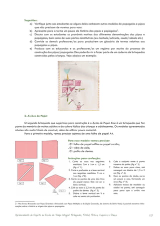 Sugestões:
              a) Verifique junto aos estudantes se alguns deles conhecem outros modelos de papagaios e pipas
                 que não precisam de varetas para voar.
              b) Apresente para a turma um pouco da história das pipas e papagaios2.
              c) Discuta com os estudantes os prováveis motivos das diferentes denominações das pipas e
                 papagaios, bem como de suas partes constitutivas (ex: barbela/estirante, cauda/rabiola etc.)
              d) Convide os demais professores/as para produzirem um glossário de termos relativos aos
                 papagaios e pipas.
              e) Produza com os educandos e os professores/as um registro por escrito do processo de
                 construção das pipas/papagaios. Eles poderão vir a fazer parte de um caderno de brinquedos
                 construídos pelas crianças. Veja abaixo um exemplo:




          2. Aviões de Papel

       O segundo brinquedo que sugerimos para construção é o Avião de Papel. Esse é um brinquedo que faz
parte da memória de muitos adultos e da cultura lúdica das crianças e adolescentes. Os modelos apresentados
abaixo são muito fáceis de construir, além de utilizar pouco material.
       Para o primeiro modelo, vamos precisar apenas de uma folha de papel A4.

                                                             Para esse modelo vamos precisar:
                                                             . 01 folha de papel sulfite ou papel cartão;
                                                             . 01 vidro de cola;
                                                             . 01 palito de dentes.

                                                             Instruções para confecção:
                                                              1. Corte as asas nas seguintes                 6.    Cole o conjunto rente à ponta
                                                                   medidas: 7cm x 1cm x 1,5 cm                     traseira do palito (fig nº 3).
                                                                   (fig. nº 1).                              7.    Dobre as asas para cima, até
                                                              2. Corte o profundor e o leme vertical               conseguir um diedro de 1,5 a 2
                                                                   nas seguintes medidas: 3 cm x                   cm (fig. nº 4).
                                                                   1cm (fig. nº2).                           8.    Com as pontas do dedo, curve
                                                              3. Corte as pontas de uma das tiras                  um pouco a asa, formando um
                                                                   de papel menor. Este vai ser o                  arco (fig. nº 4).
                                                                   leme vertical.                            9.    Adicione massa de modelar ou
                                                              4. Cole as asas a 2,3 cm da ponta do                 sabão na ponta, até conseguir
                                                                   palito de dentes (fig nº 3).                    peso para que o avião voe
                                                              5. Dobre o leme vertical em V e                      reto.
                                                                   cole no centro do profundor.


2 - Nos livros: Brincando com Pipas Orientais e Brincando com Pipas Múltiplas e de Duplo Comando, de autoria de Silvio Você, é possível encontrar infor-
mações sobre a história e origem das pipas e papagaios.



Aprimoramento do Esporte na Escola de Tempo Integral: Brínquedos, Futebol, Peteca, Capoeira e Dança.                                                       17
 